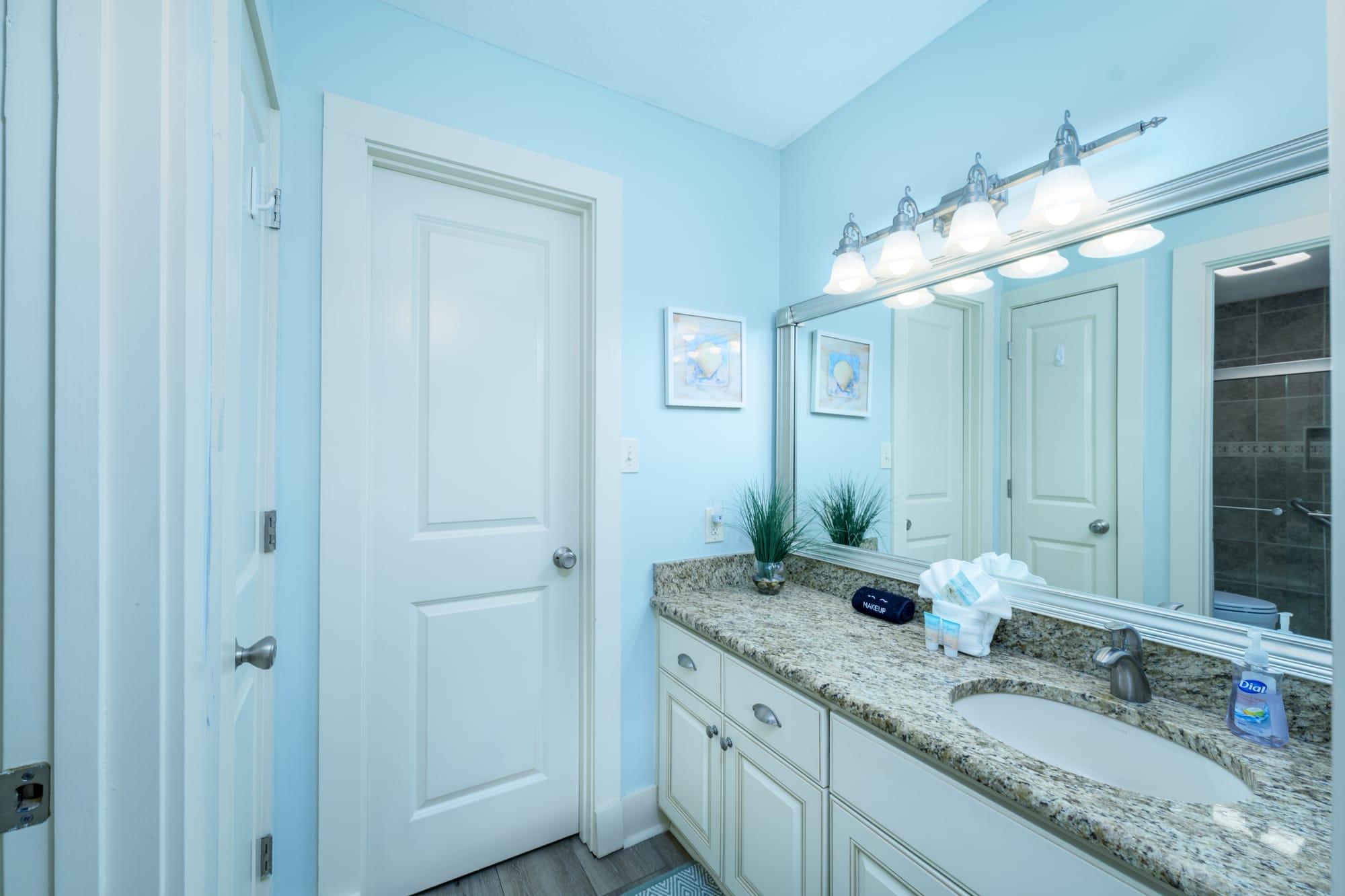Primary bathroom vanity with a single sink and a large mirror. The shower is visible in the mirror.