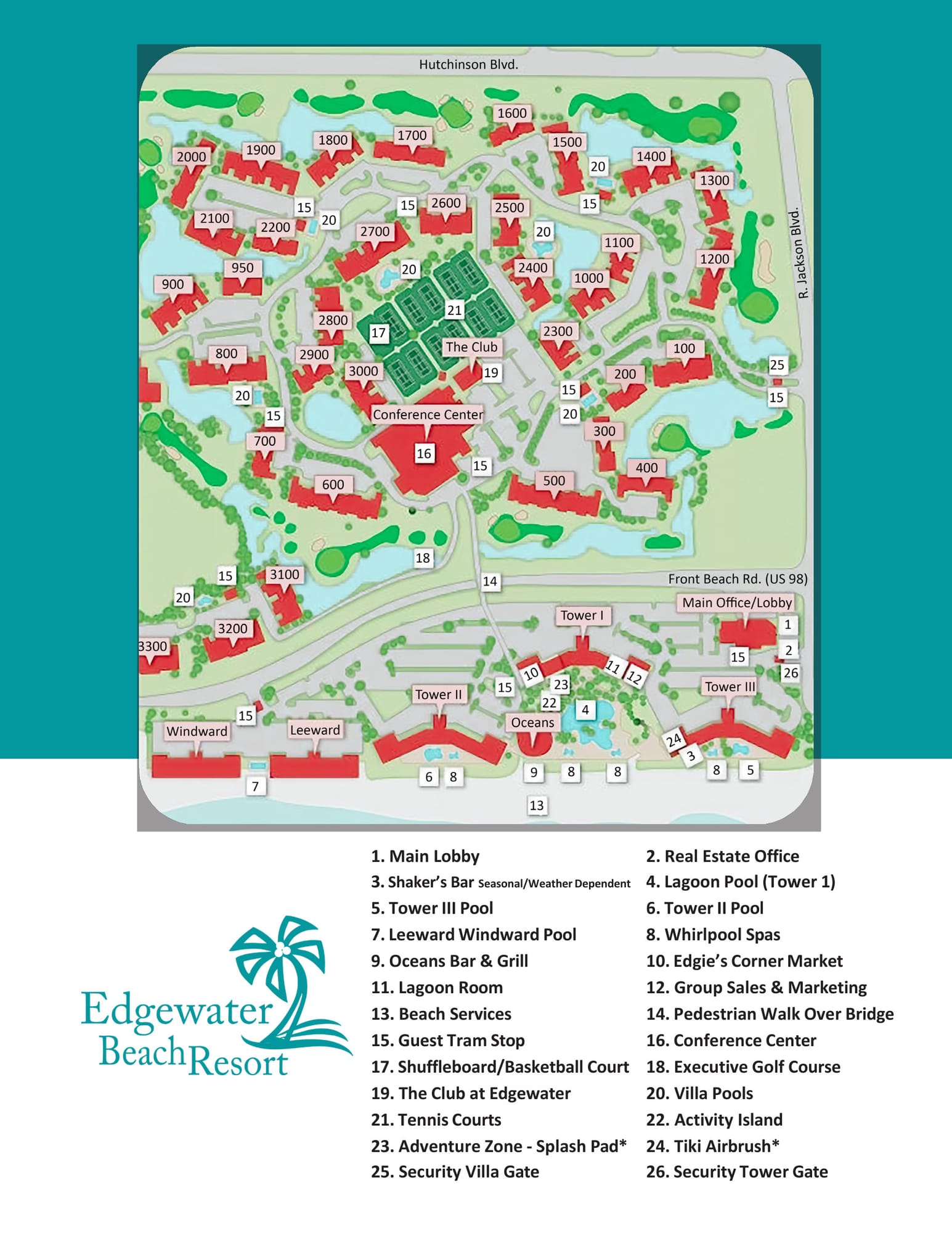 Map of Edgewater Beach Resort with a numbered legend for the pools, dining, pedestrian bridge, tram stops, The Club, tennis courts, and the golf course.